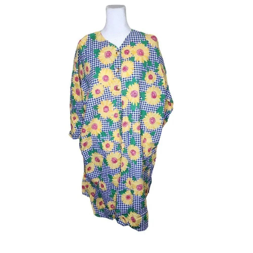 Vintage 90s Long Sleeve Kaftan Dress Gingham Sunflowers Womens Size 2XL Blue Yel